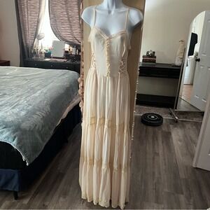 Y2K Vintage Victorian Dolls Kill Cream and Gold Pleated Maxi Dress for Weddings